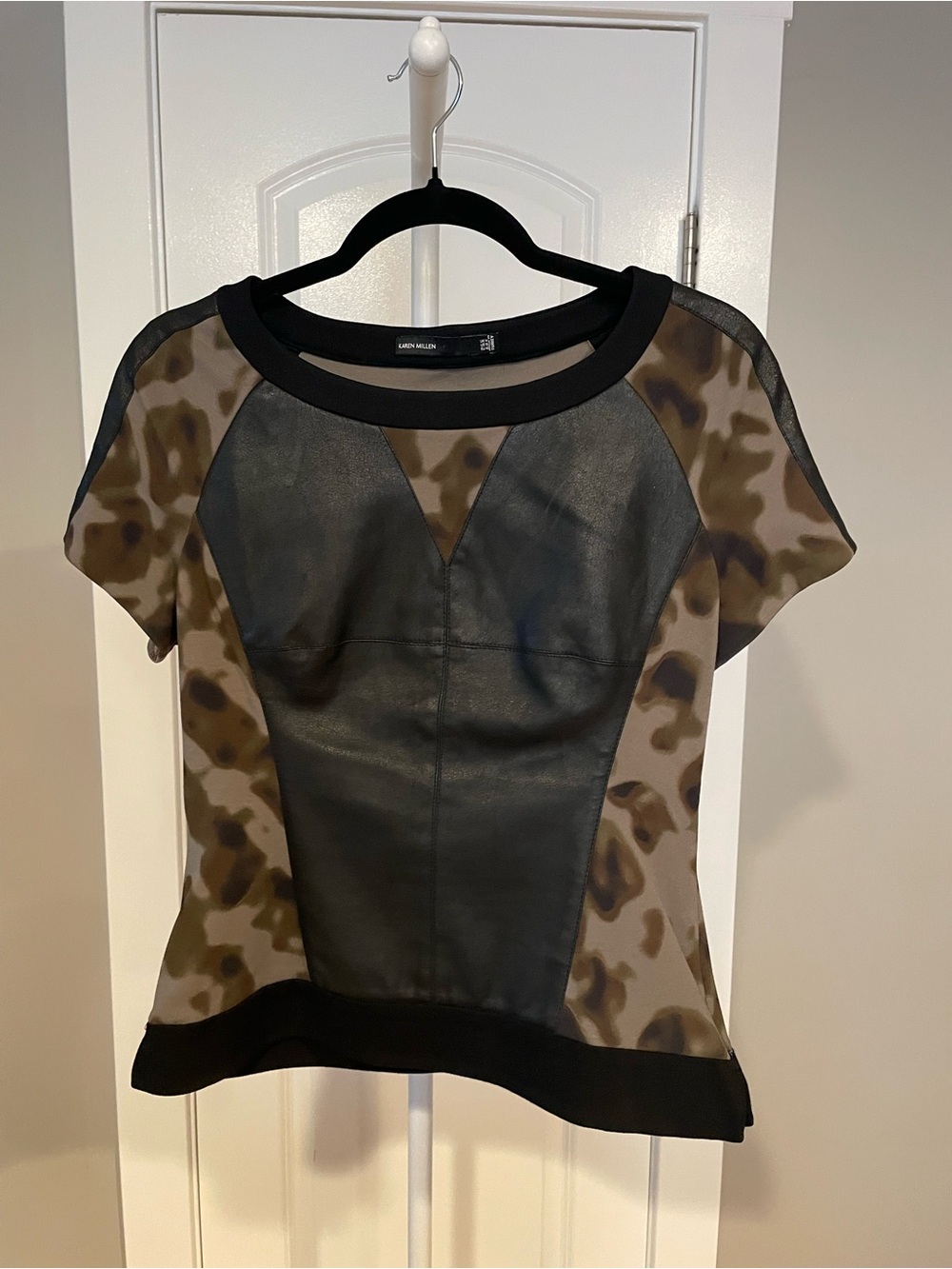 Karen Millen camouflage + faux-leather top — Size M